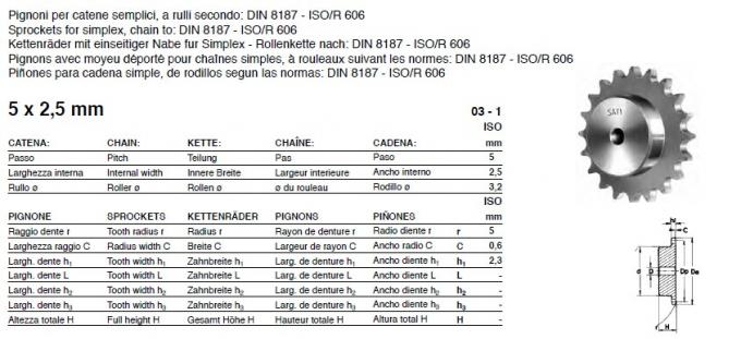 La norma di SATI un tipo dente per catena e piatto spinge, tipo 25A, 35A, 40A, 50A, 60A, 80A, 100A, 120A, 140A, 160A